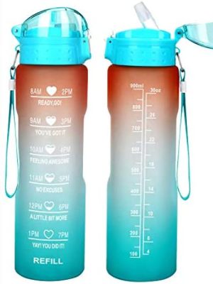 32oz Leakproof Water Bottle with Time Marker & Straw lid to Ensure You Drink Enough Water Throughout The Day for Fitness and Outdoor Enthusiasts, BPA Free, with Straw Brush