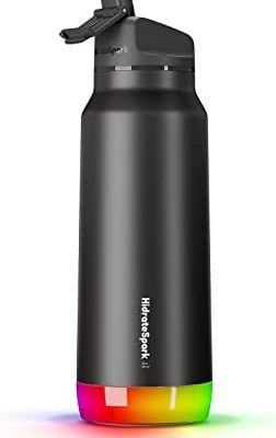 HidrateSpark PRO Smart Water Bottle Stainless Steel - Tracks Water Intake & Glows to Remind You to Stay Hydrated , Straw Lid, 32oz, Black