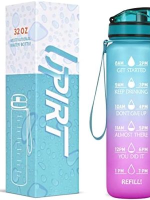 UPIRT 32 Oz Water Bottles, Motivational Water Bottle with Time Marker, Leak Proof Tritan Sport Bottle with Fruit Strainer, Water Jug with Carrying Strap for Fitness Gym and Outdoors (Green/Purple)